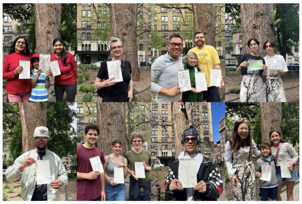 A photo montage of people holding drawings of the English Elm in Washington Square Park. 2 rows, 5 photos each row.