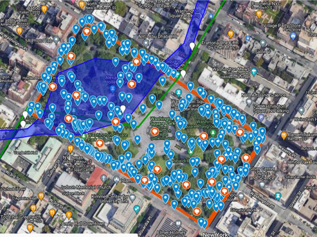 Screenshot of the Washington Square Park Eco Map showing tree locations and the historic and current flow of the Minetta Brook.