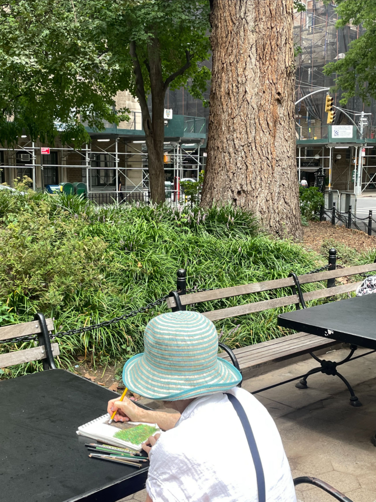 photo of the English Elm in Washington Square Park with a person seated and drawing at a bench in the foreground.